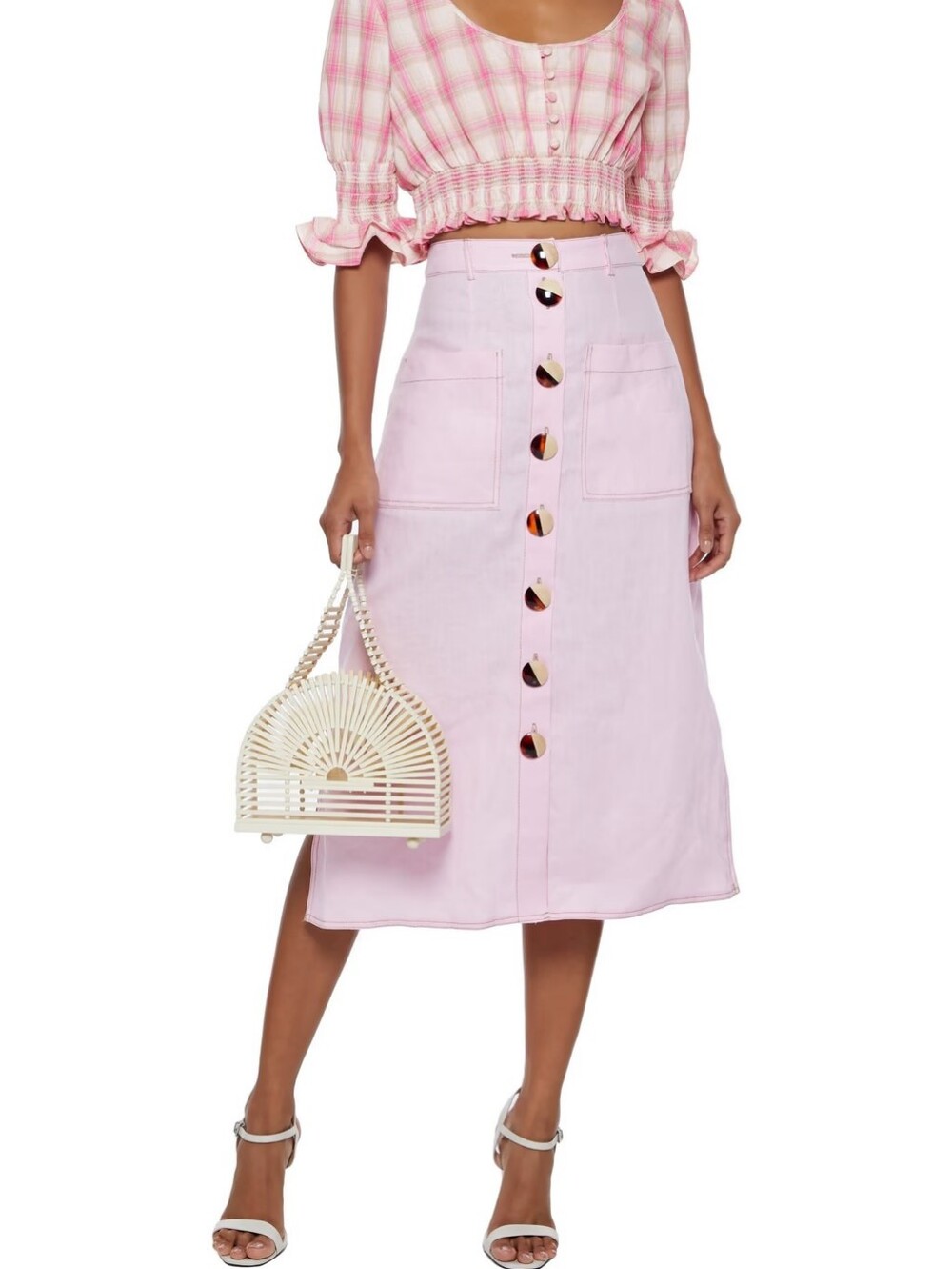 Nicholas Button Front Linen Midi Skirt In Pale Blush Pink US Size 4